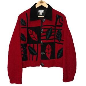 VTG Leaf Sweater Cropped Leather Funky Eccentric Red Minnie's Closet Size Large